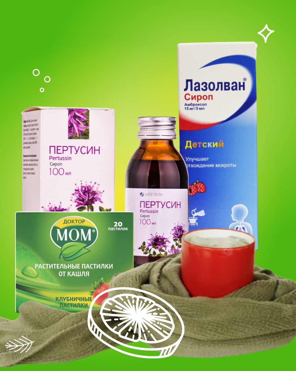 Cold & Flu products with red cup with hot drink with dark scarf , white ornament of lemon on a green background - USA Apteka