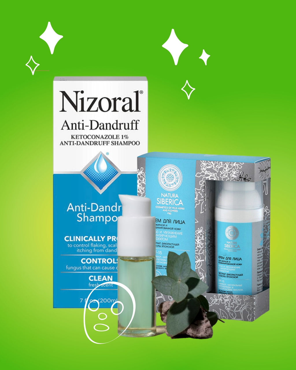 Cosmetics and care products with white ornament on the green background - USA Apteka