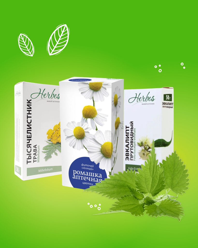chamomile herbs tea for relaxation, yarrow tea, valerian herbs? mint leaves in a right side with white ornament of leaves on a green background - USA Apteka