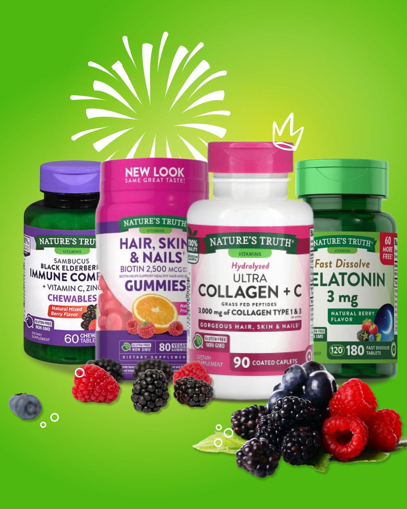 Vitamins & Supplements in the center, red and black berries on the bottom with white ornament as fireworks on green background - USA Apteka